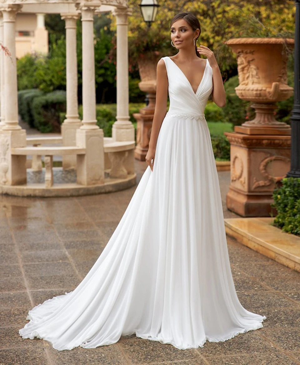 

2022 Chiffon V-Neck Wedding Dresses Elegant Simple Bridal Gown Women Formal Party Gown Backless Floor Length Vestidos De Novia