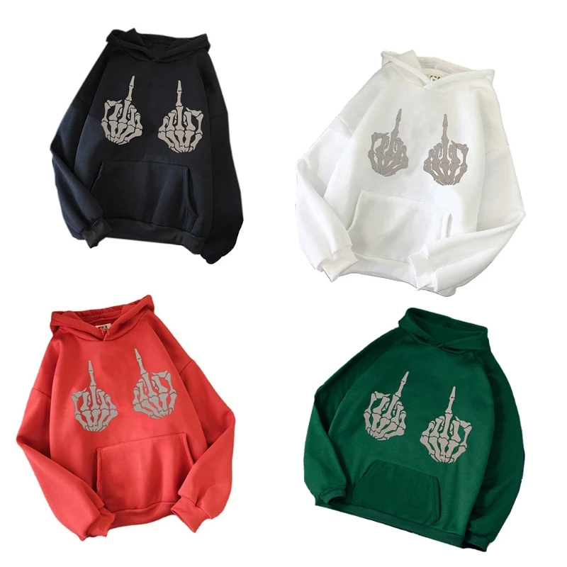 Women Gothic Long Sleeve Hoodies Skeletal Middle Finger Graphic Sweatshirt Tops P8DB