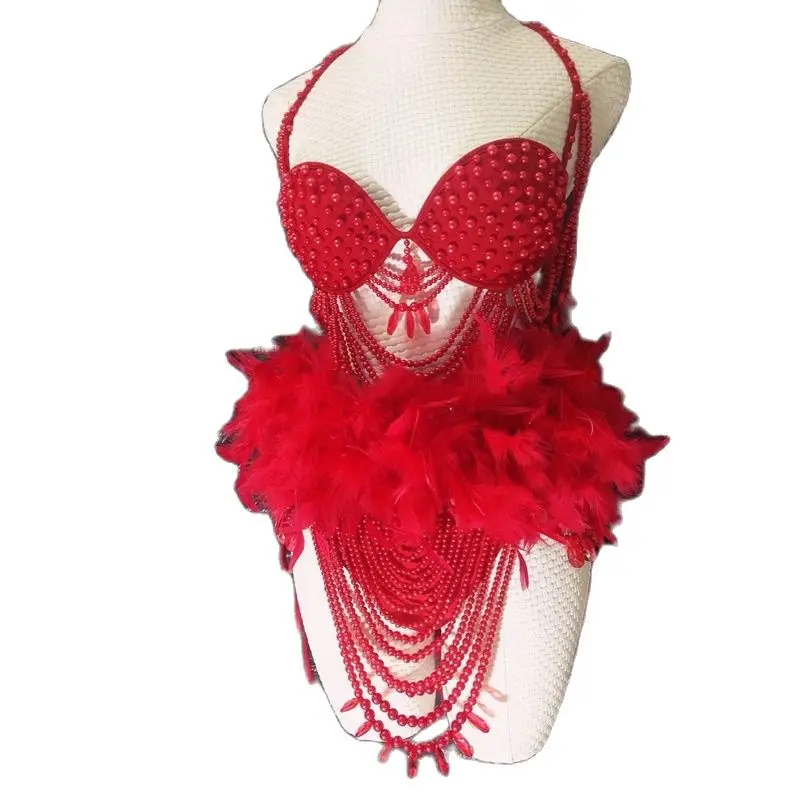 Sexy Pole Dance Bikini Festival Outfit Drag Queen Costume feather Pearls Bodysuit Women Stage Performance Wear