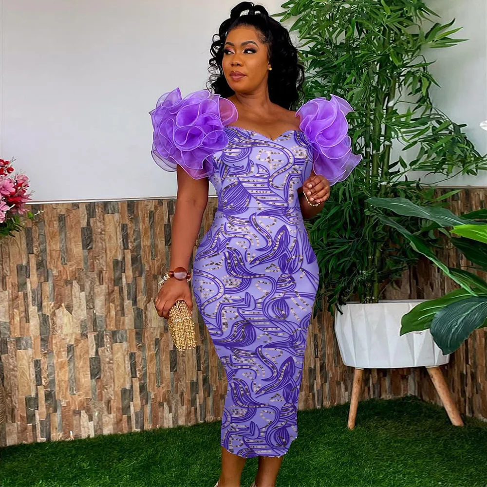 

African Dresses for Women 2023 Spring Summer African Women Short Sleeve Purple Orange Maxi Dress African Clothes S-4XL
