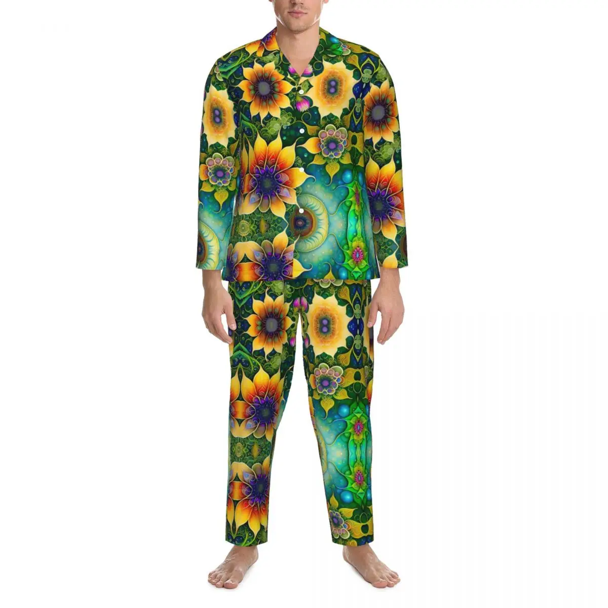 

Sunflower Sleepwear Autumn Floral Print Aesthetic Oversized Pajama Sets Male Long Sleeve Cute Leisure Graphic Nightwear