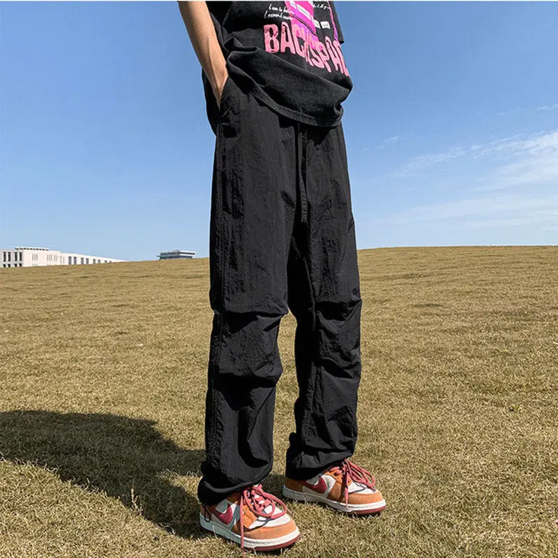 High Street Fashion Summer Casual Pants Men Solid Elastic Waist Drawstring Pocket Ice Silk Quick Drying Loose Straight Trousers