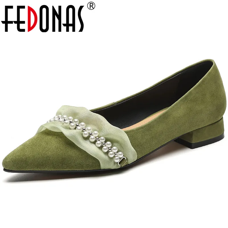 

FEDONAS Pointed Toe Low Heels Women Pumps Spring Summer Sweet Elegant String Bead Kid Suede Leather Shoes Woman Office Casual