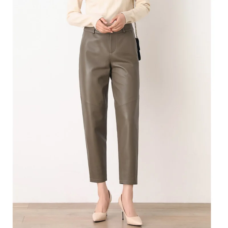 

New Women's Sheepskin Leather Haren pants Casual Spring/Autumn Slim Pants Black/Khaki Ladies Skinny Calf-Length Pant