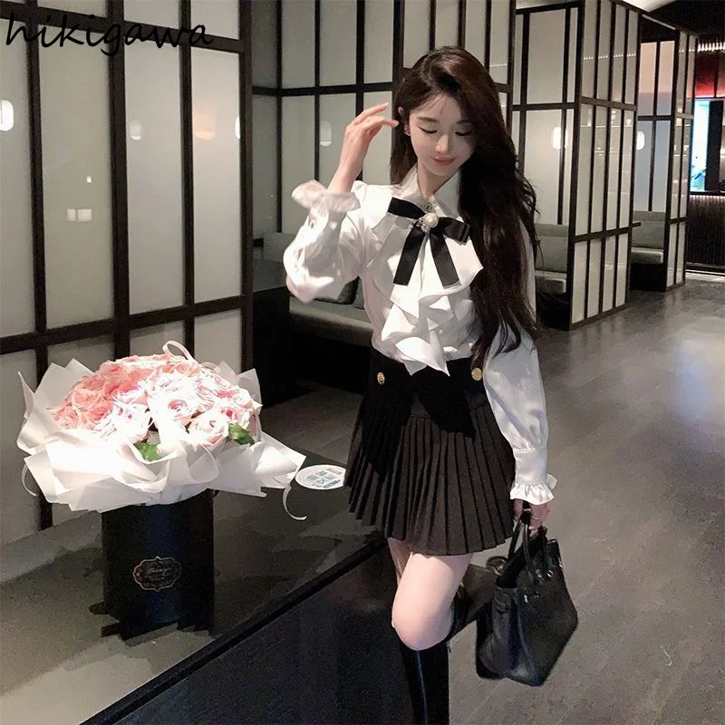 흰색 긴 소매 블라우스 여성 빈티지 느슨한 한국 프릴 우아한 셔츠 기질 숙녀 탑 2025 Blusas Mujer De Moda