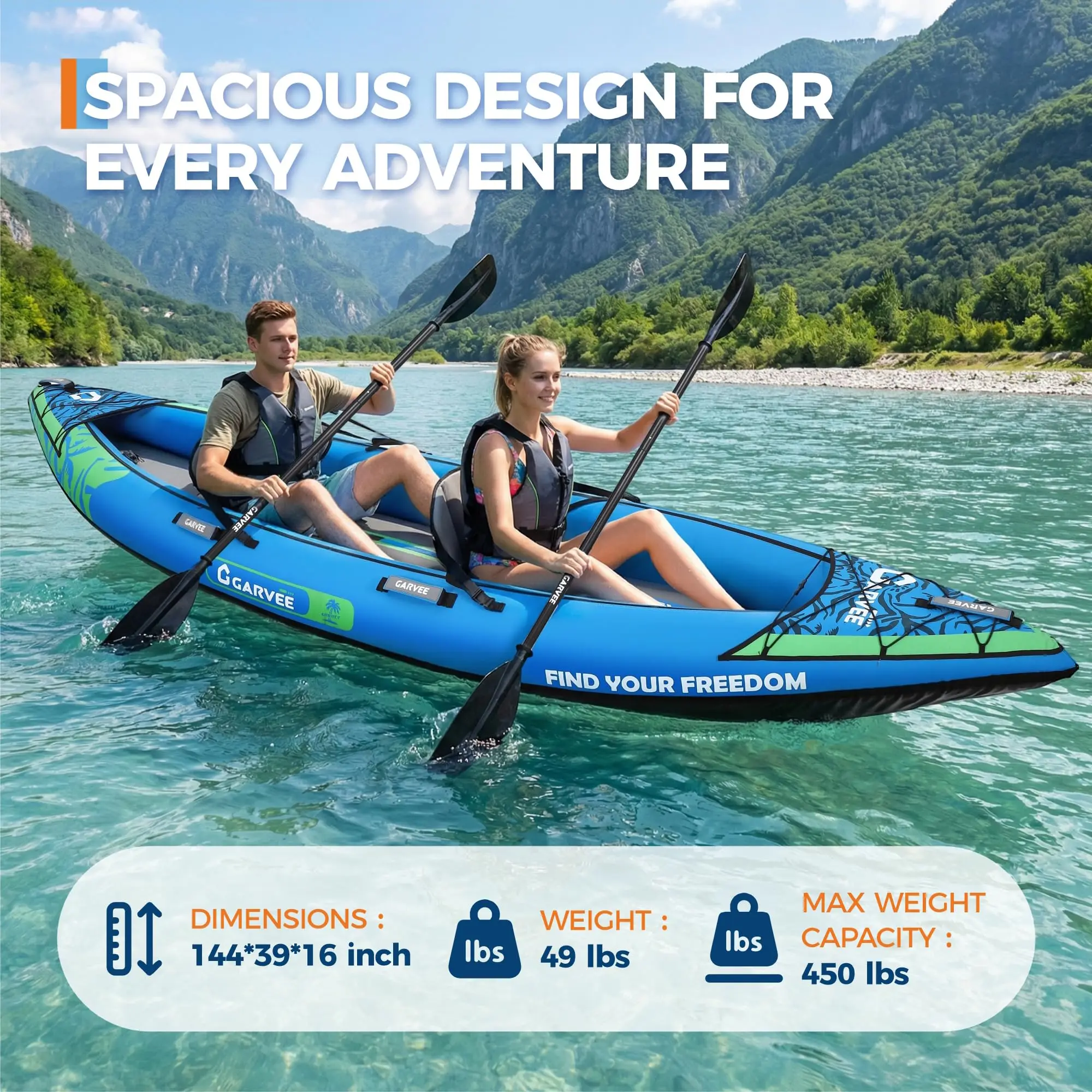 Inflatable 1/2-Person Fishing Kayak for Adults – Durable PVC Collapsible & Portable - with Padded Seats/Removable Fins/Hand Pump/Carry Bag & Repair Kit for Lake River Recreation Touring