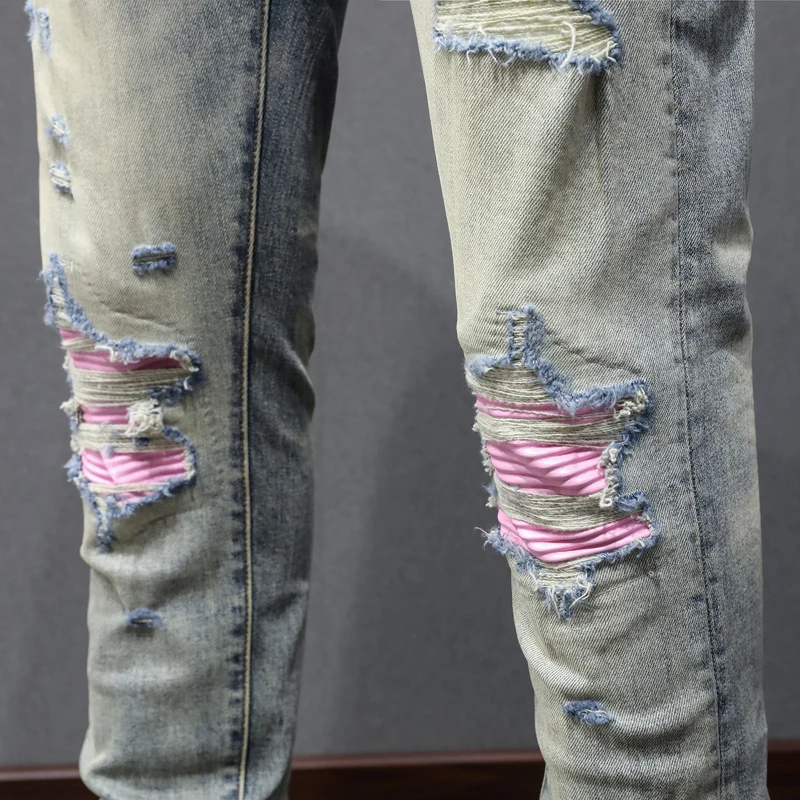 Street Fashion Men's Washed Blue Jeans Retro Hydraulic Slim Fit Split Jeans Men's Pink Leather Panel Designer Hip Hop Brand Pant