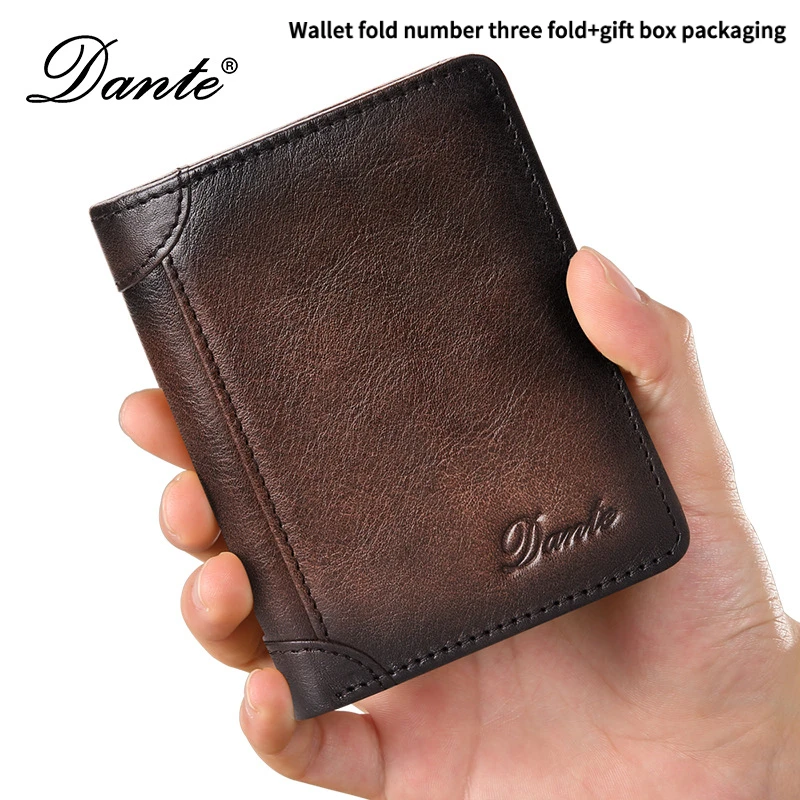 Men's Genuine Leather RFID Blocking Vertical Tri-fold Vintage Cowhide Wallet