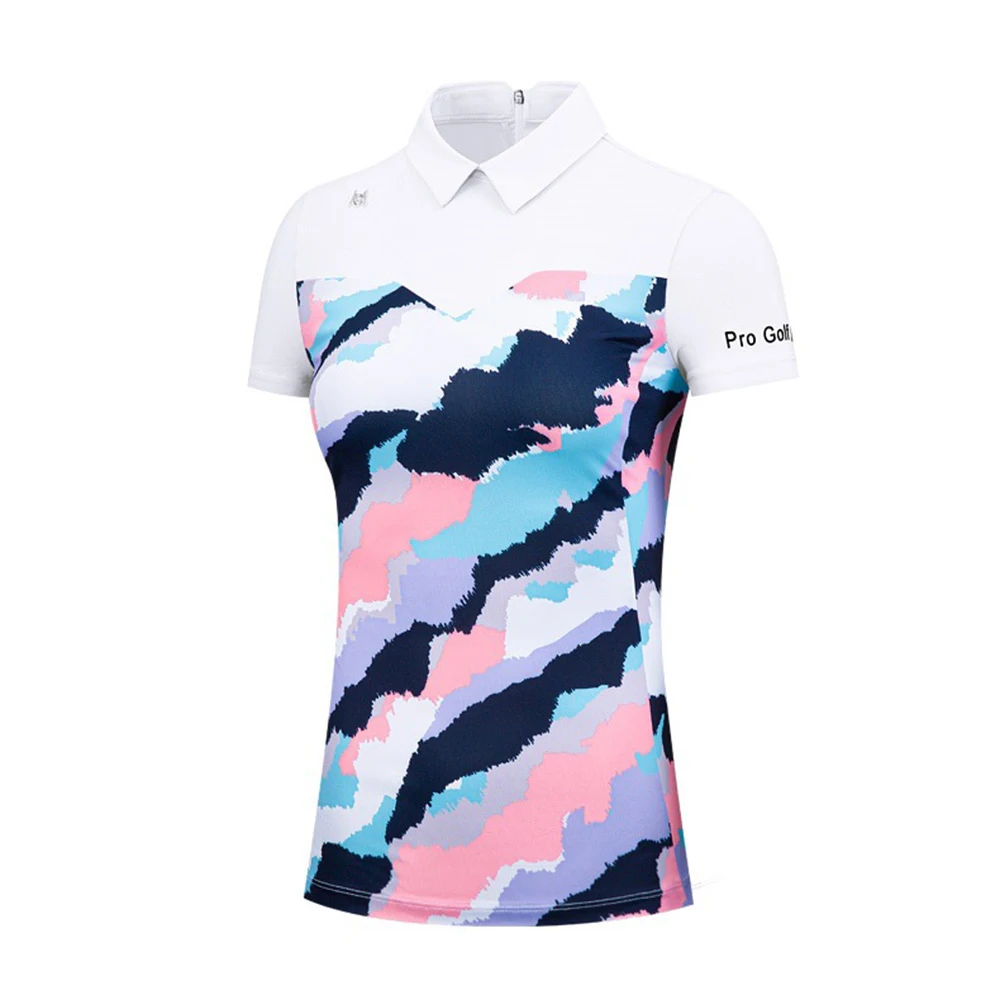 

Pgm Summer Women Golf Shirts Ladies Tun-Down Collar Short-Sleeved T Shirt With Zipper Elasticity Breathable Sports Top Yf483