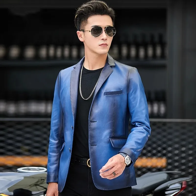Description Picture 3 of itemDesign Mens Genuine Leather Suit Jacket Slim Fit Turn-Down Collar Single Breasted Spring Real Sheepskin Motorcycle Short Coat