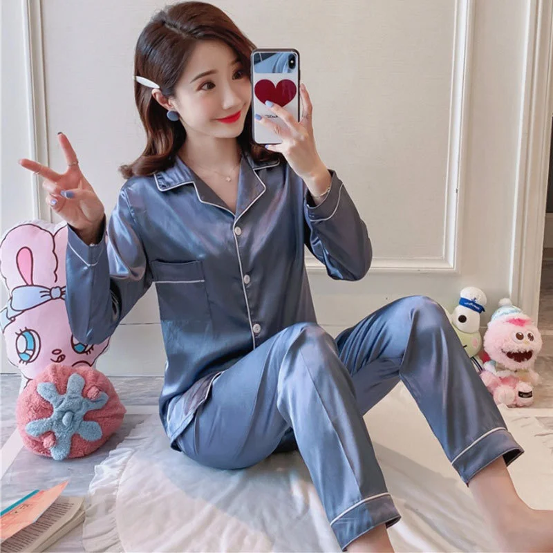 Spring Autumn Women's Thin Ice Silk Pajamas Solid Color Lapel Long Sleeve Cardigan Oversized Imitation Silk Home Clothing Set