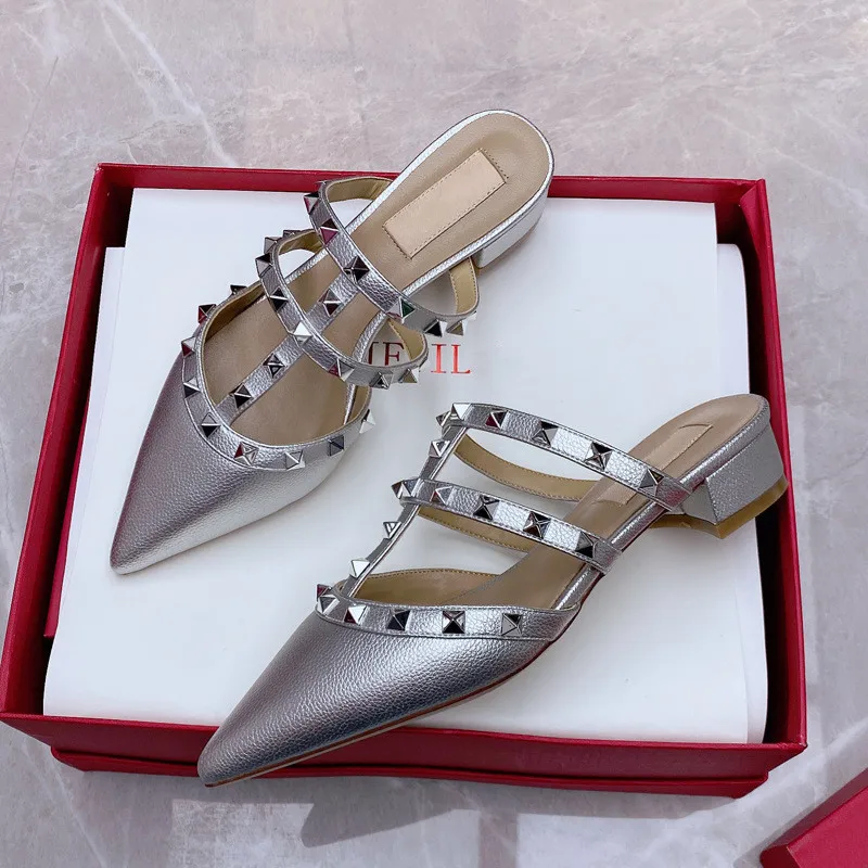 shoes woman 2024 trend luxury Genuine Leather Slippers Summer Women's Sandals pointed toe Rivets High Heels Casual Ladies shoes