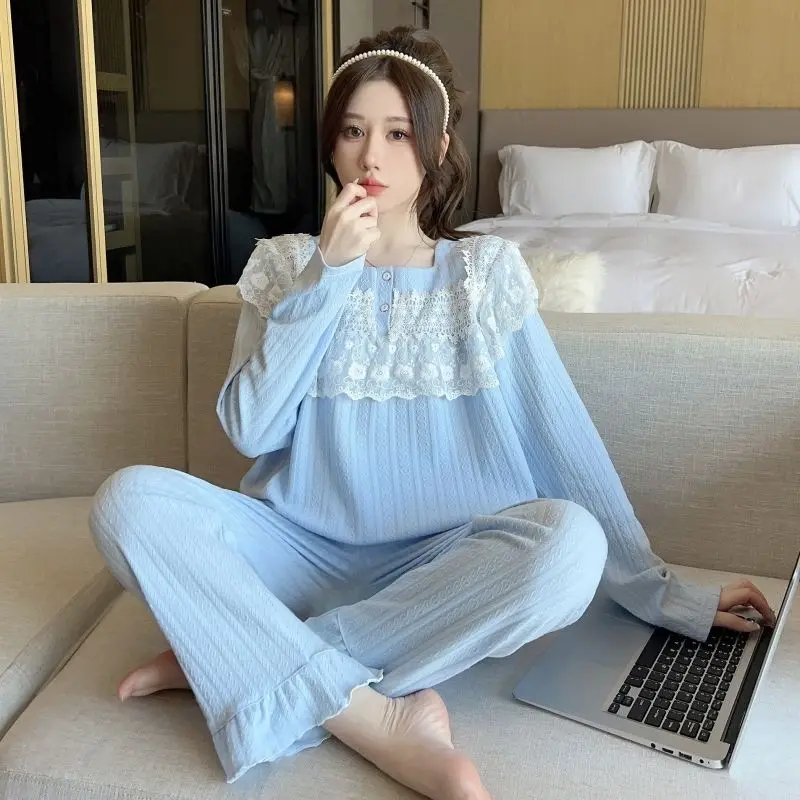 Women Pajamas 2024 New Jacquard Combed Cotton Square Collar Lace Sleepwear Set Korean Style Large Size Female Homewear Suit fierte female large size blouse nly210230092 v collar low sleeve combed cotton sports basic t shirt gray anthracite