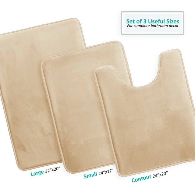 of 3 Absorbent Memory Foam Bath Mat Bathroom Rugs, 20x32, 17x24 and Contour Bath  Rug, Beige - AliExpress