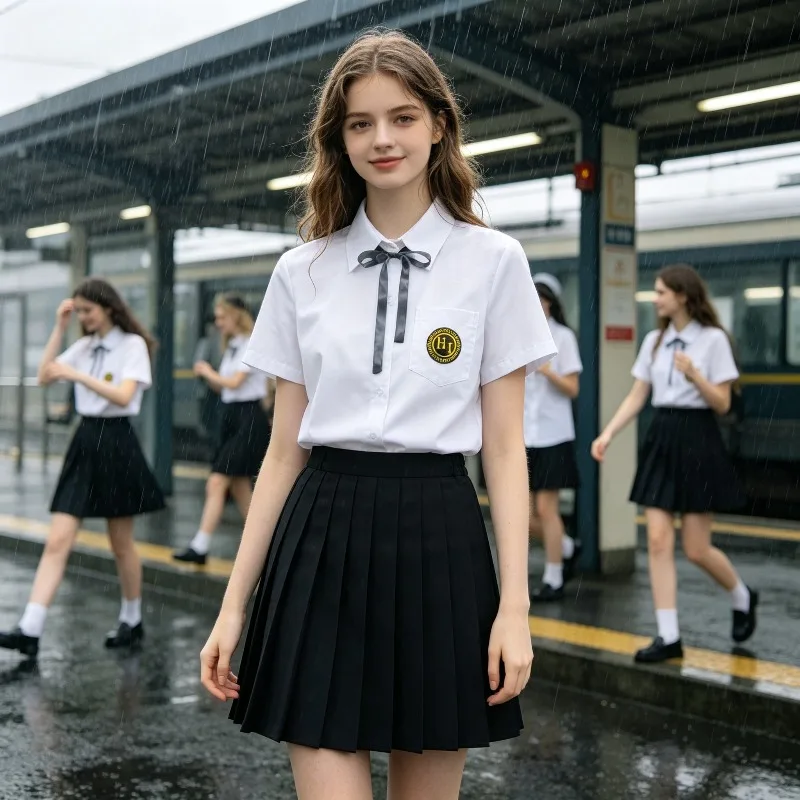 클래식 배지 유니폼, 흰색 셔츠, 대학 스타일 교복, 학급 유니폼 세트, 회색 주름 스커트, 여학생 캠퍼스 의상