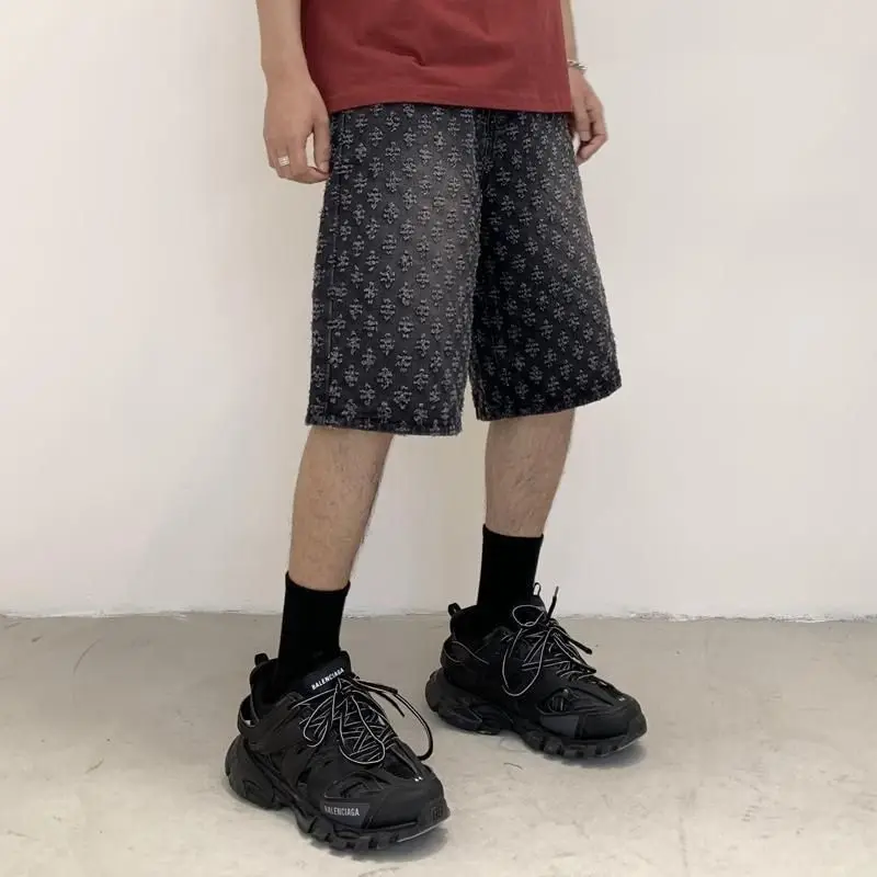 New American High Street Jacquard Ripped Summer Loose Straight Retro Five-point Denim Shorts