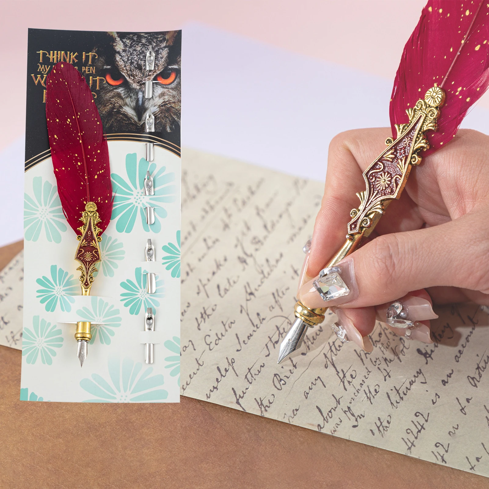 Retro Feather Dip Pen Set Vintage Quill Pen Elegant Style Calligraphy Writing Signature with Replacement Nibs Ideal for Letters