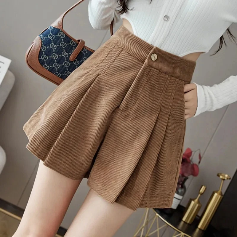 

High Waist Women Corduroy Shorts Skirts Autumn Fashion Casual Female Pleated Shorts Korean Students Loose All Match Pants Ropa