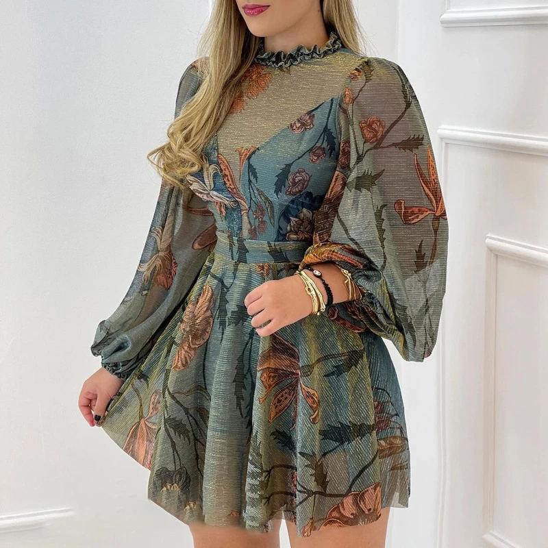 

2024 Spring Autumn Elegant A-Line Dress Fashion Ruffle O-neck Long Sleeve Waist Mini Dress Retro Floral Print Pleat Women Dress