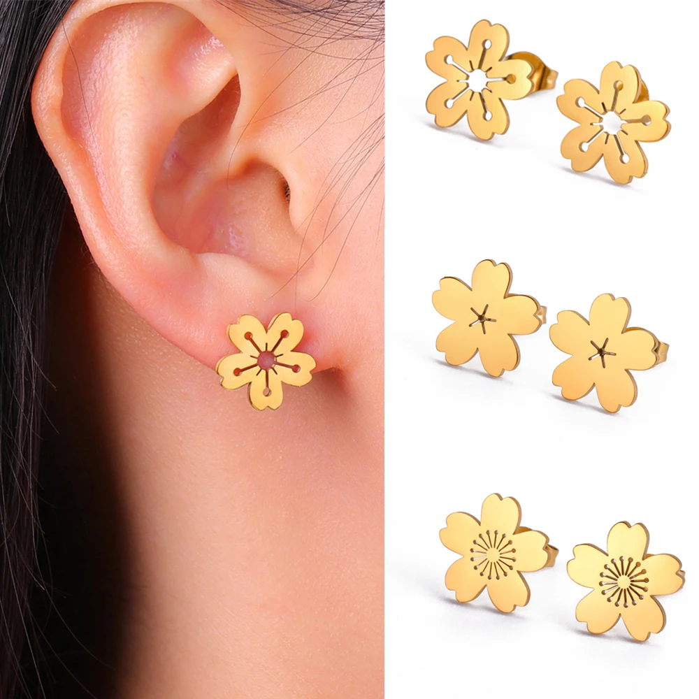 New Gold stainless steel EARRINGS full ear cuff flower. Non tarnish main image 0