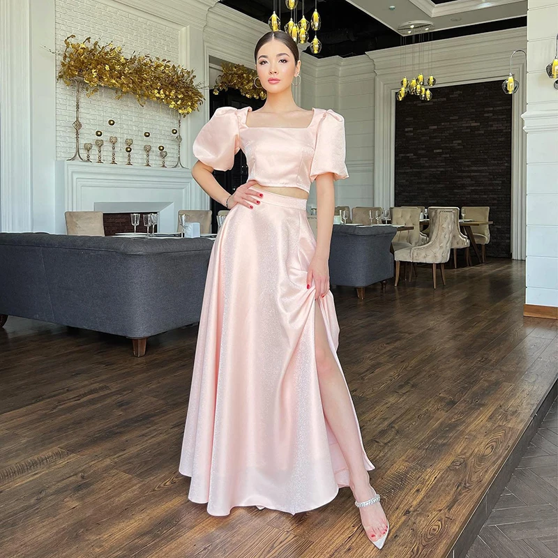 

Thinyfull Korean Women Prom Evening Dresses Formal Square Neck Short Sleeve Split Party Cocktail Party Prom Gowns Custom Size