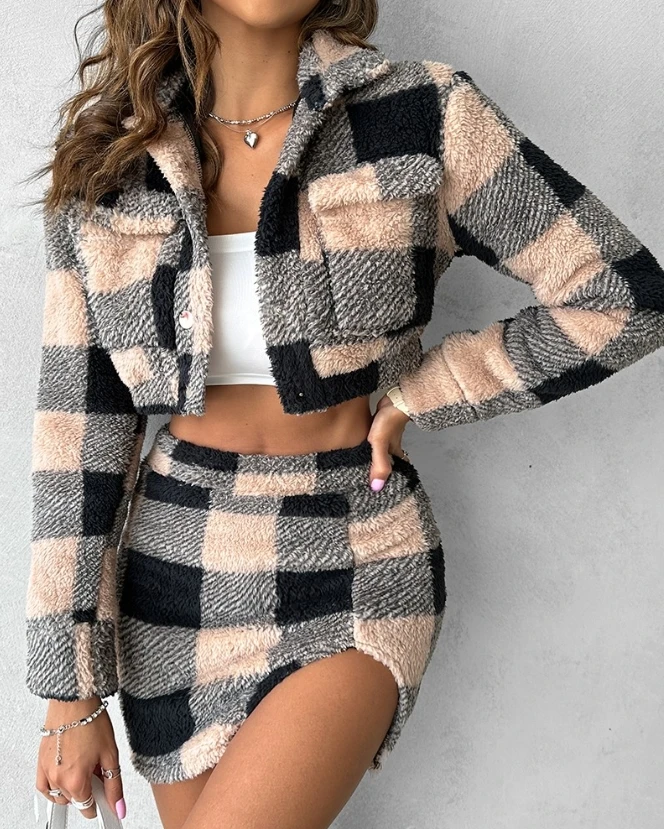 Plaid Pattern Crop Teddy Jacket & Slit Skirt Set Autumn Winter Women's Turn-Down Collar Long Sleeve Pocket Jacket Skinny Skirt zaful men s jacquard silky satin floral print rose pattern button front short sleeve summer shirt xl deep green