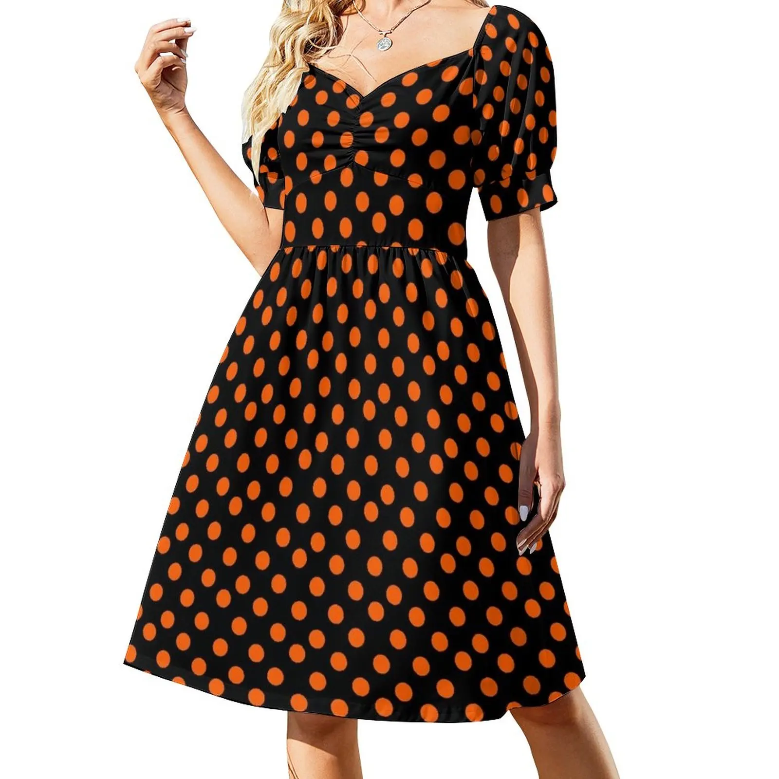 

Orange on Black Polka Dots Dress clothes for women summer dress korean women