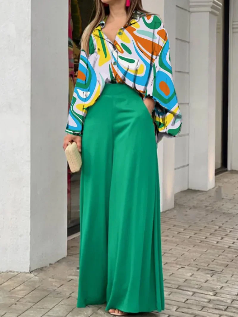 2023 New European and American Women's New Print Casual Suit Loose Large Polo Shirt High Waist Wide Leg Pants 2 Piece Set