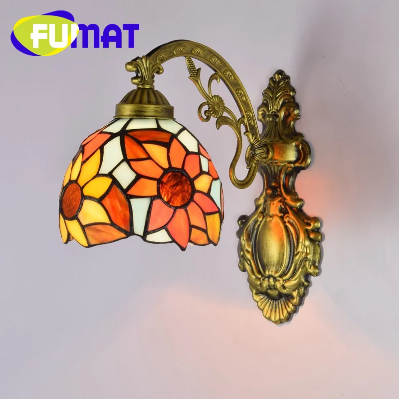 

FUMAT Tiffany style stained glass 6 inch American pastoral Sunflower wall lamp Bar Restaurant Bedroom bed hallway LED decor