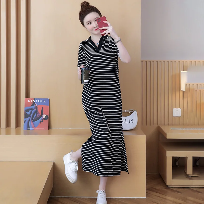 여성용 줄무늬 미디 드레스, 반팔, 느슨한 폴로 넥, 긴 티셔츠, 여성 코튼 포켓, 우아한 A 라인 드레스 M-4XL, 6420 여름