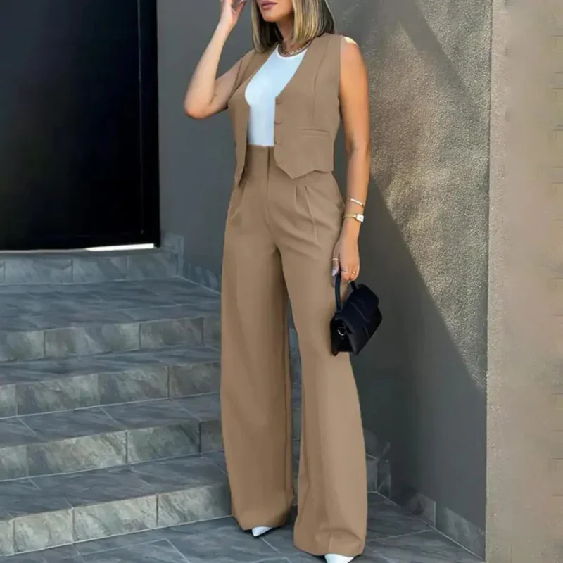 Chic Women Vest and Baggy Pants Set Sleeveless Vest High Waist Wide Leg Pants in For Fashionable Elegant Lady 2 Pieces Suit women s summer chic two pieces skirt suit lady chic streetwear sexy sleeveless o neck crop tank top mini skirt