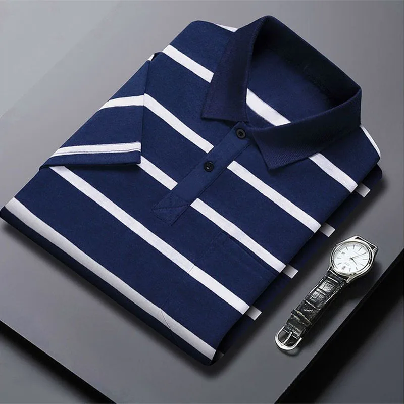 Smart Casual Men Short Sleeve Striped Polo Shirts Korean Streetwear Summer Male Clothes Tees Business Fashion Casual Loose Tops