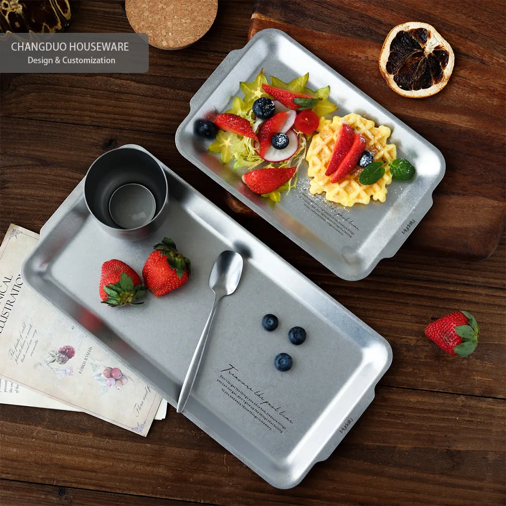 Nordic Style Vintage Series Stainless Steel Serving Tray Minimalist Design Kitchen Tableware for Serving Plates
