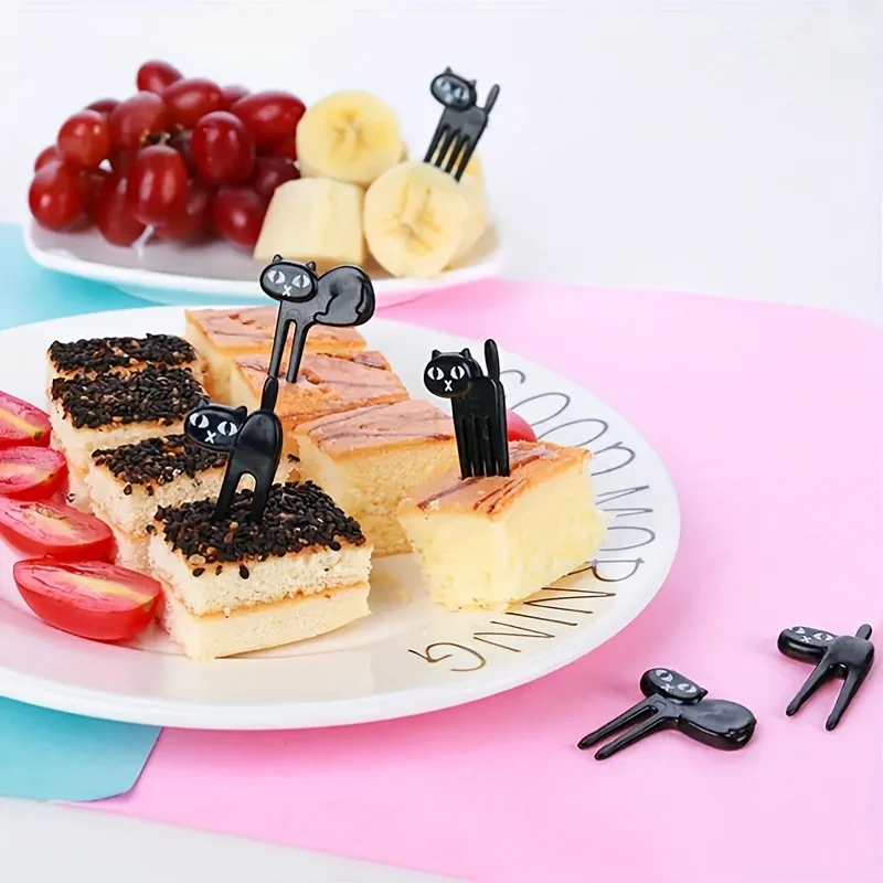 6 Stück/Set Schwarze Katzen-Fruchtgabeln, Mini-Cartoon-Snack-Kuchen-Dessert-Gabeln, Bento-Lunch-Zubehör, Küchenutensilien für – Detail 7