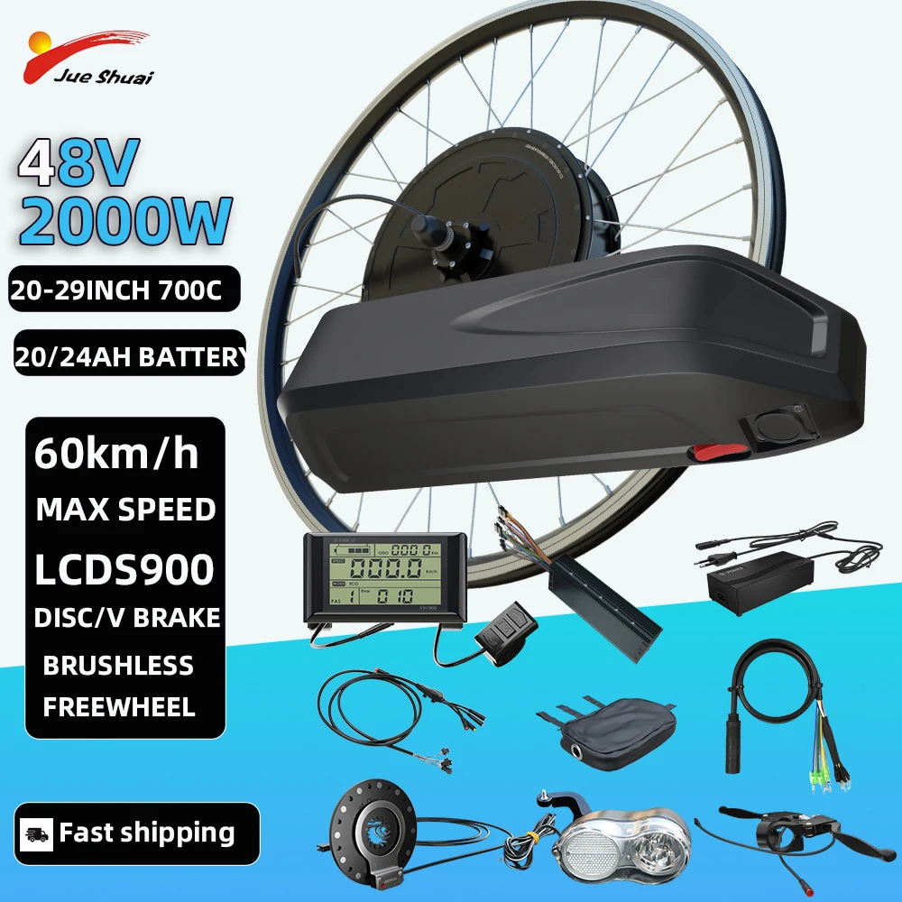 전기 자전거 변환 키트, 48V 500W -2000W 후면 모터, 48V 13Ah 리튬 배터리 및 뒷바퀴 통합 컨트롤러, 26-29 인치