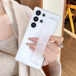 Shockproof Elastic Grip Matte Silicone Case with Wrist Strap and Hard Bumper Back Cover - S23 Ultra (Matte Clear)