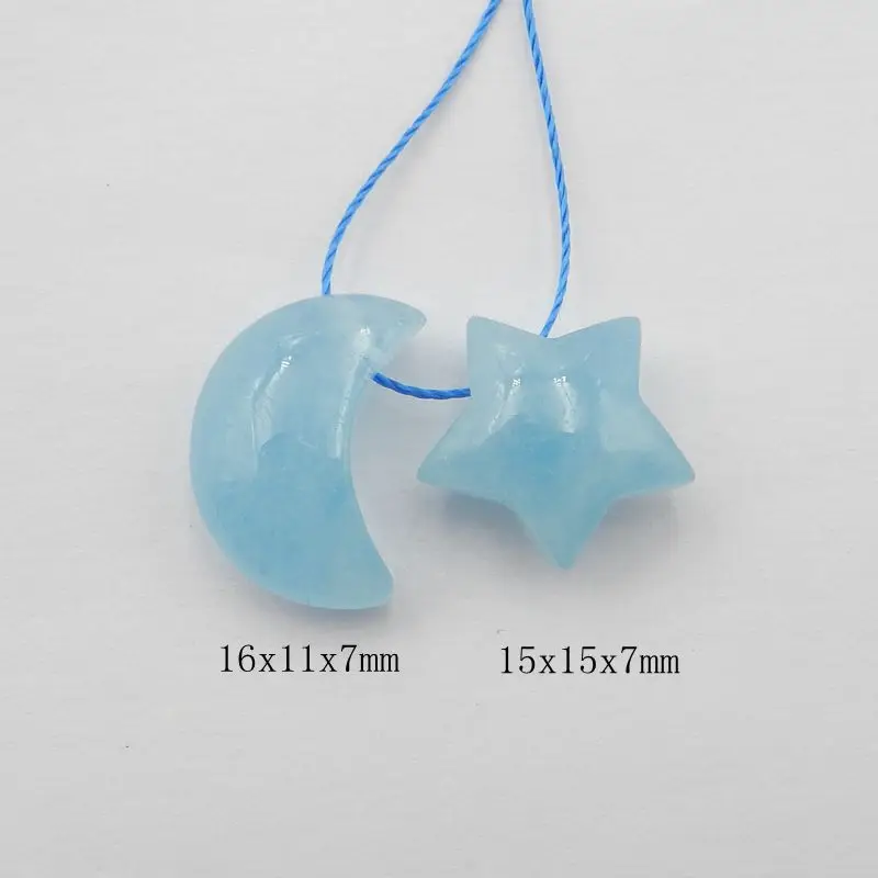2Pcs Natural Stone Precious Blue Aquamarine Fashion Jewelry Star Moon Necklace Accessories Pendant Beads 16x11x7mm 3g