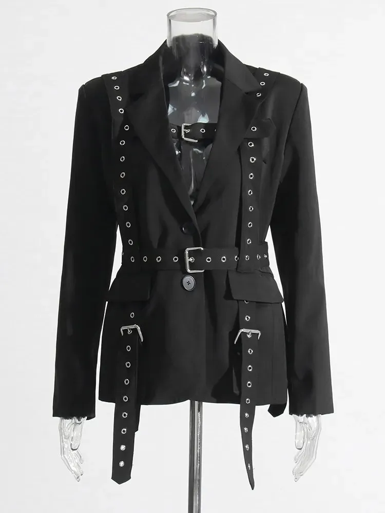 TWOTWINSTYLE Solid Patchwork Belts Blazers For Women Notched Collar Long Sleeve Patchwork Single Breasted Chic Blazer Female New 6