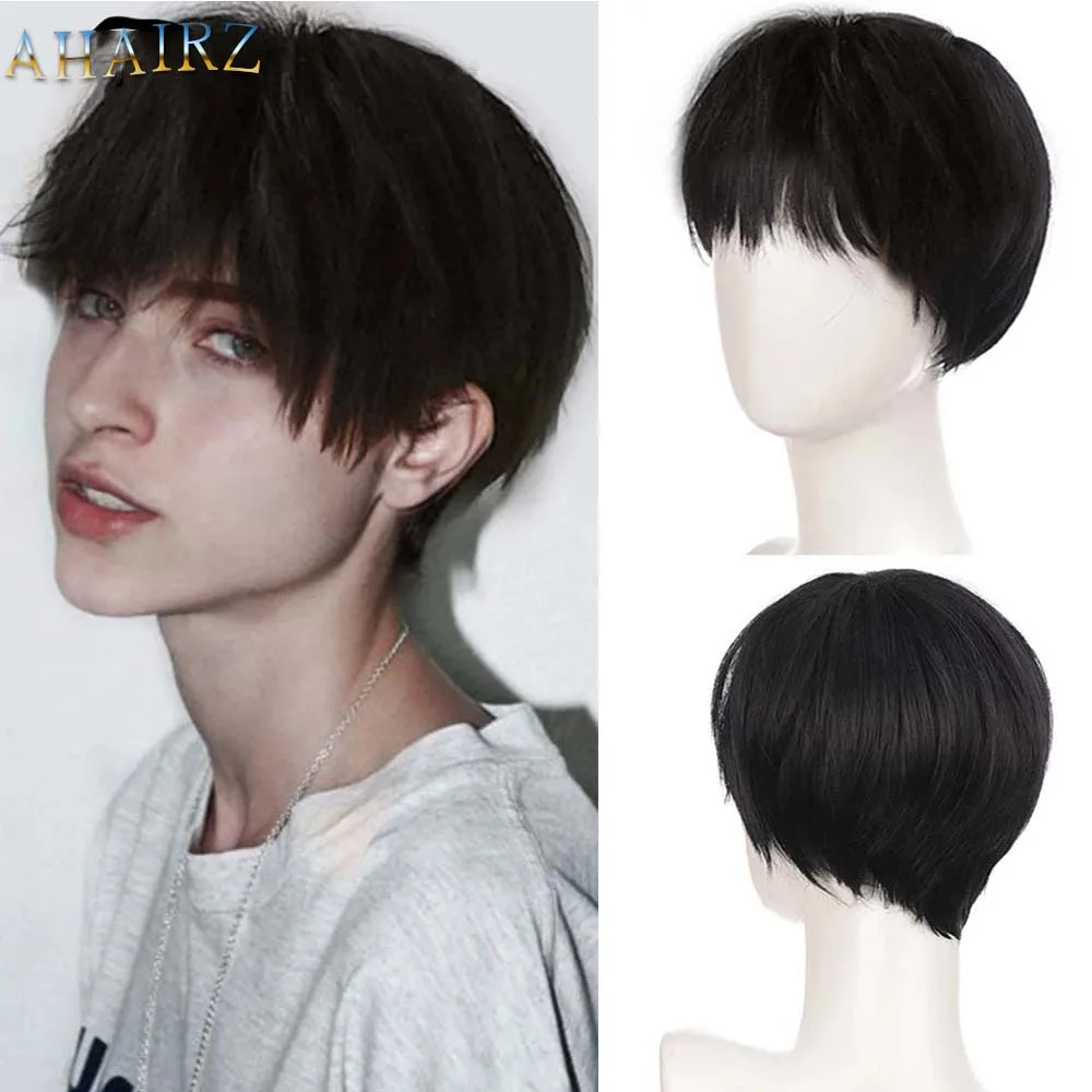 Synthetic Hair Male Short Straight Wig with Bangs Brown Blonde Gray Wigs for Man Daily Wear Cosplay Wig Heat Resistant Fiber synthetic lawyer long grey white wigs judge baroque curly male blonde wigs deluxe halloween costume cosplay wig wig cap