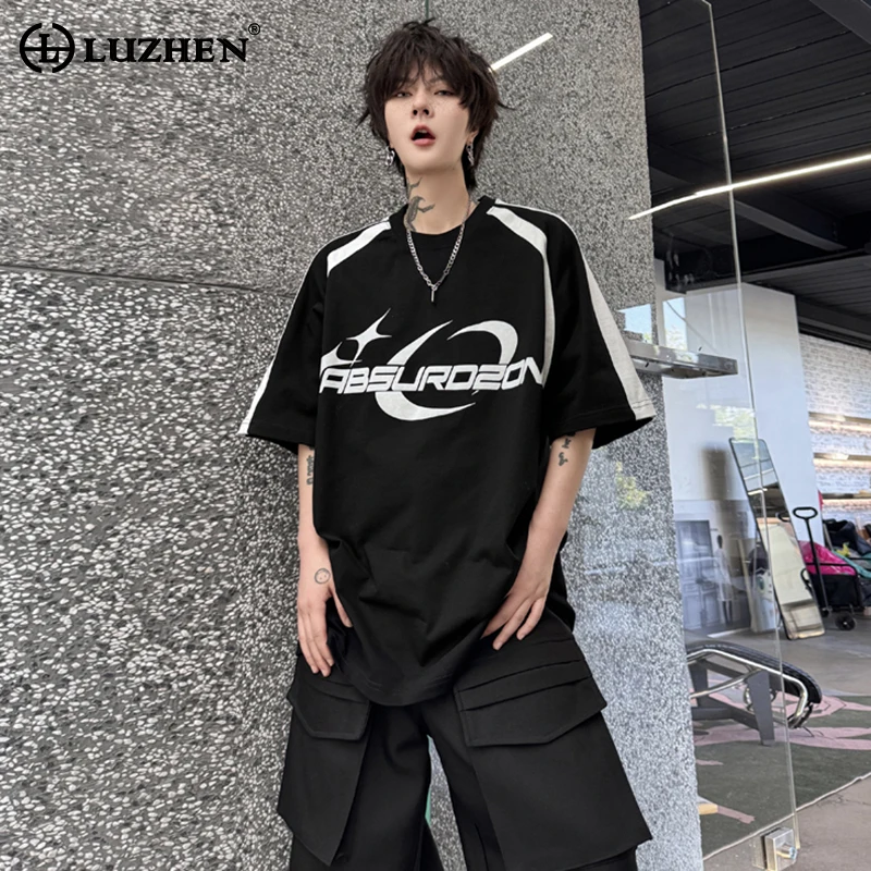 

LUZHEN Letter Printed Splicing Design Fashion Handsome Short Sleeved T-shirts Summer New Trendy Korean Men's Street Tops LZ2994