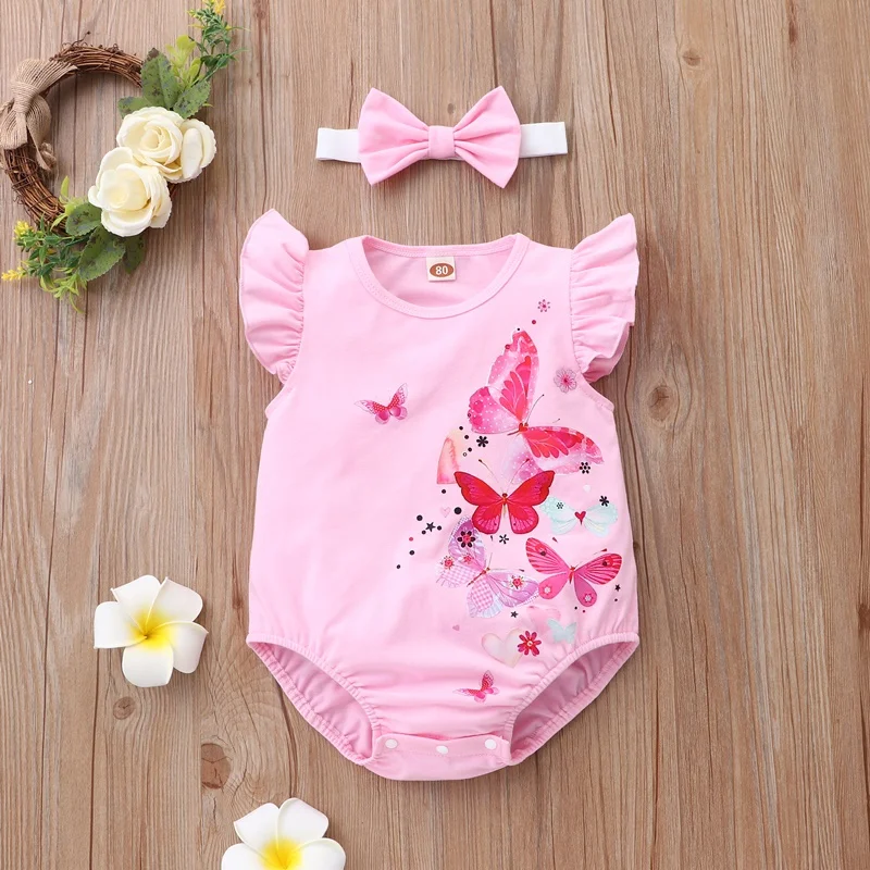 2022 New Summer Baby Clothes Girl Sweet 2 Pcs Sets Floral Bow Lace Baby Bodysuits+hat Party Birthday Princess Baby Rompers 0-18M baby bodysuit dress Baby Rompers