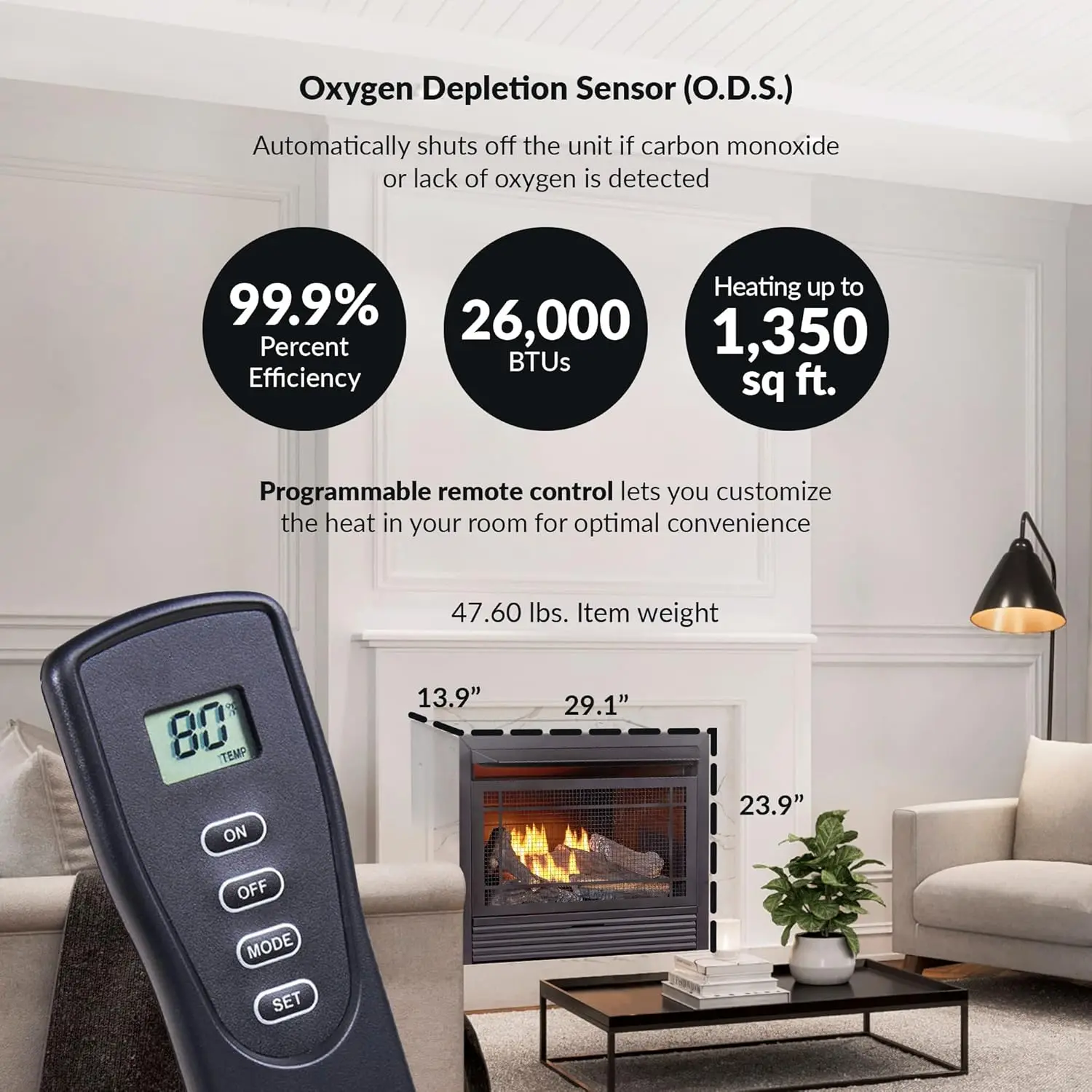 Ventless 26,000 BTU Heats 1,350 Square Feet Dual Fuel No-Clearance Gas Fireplace Insert with Remote Control Black 2