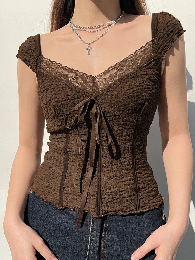 Brown Lace Crop Top Y2k Bow Square Collar Summer Short Sleeve T Shirt