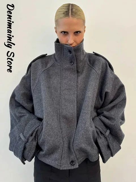 Mode court manteau en laine femmes col montant simple poitrine manches longues veste ample femme 2025 automne solide bureau dame vêtements d'extérieur 1