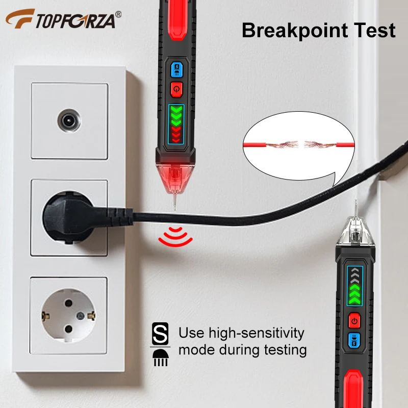 탑포르자 비접촉식 전압 테스터 펜, 듀얼 레인지 12V-1000V AC 전압 감지기 (플래시라이트 포함)