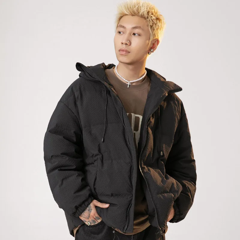 Aolamegs Men Down Jacket with Hood Solid Simple Waffle Duck Padded Coat Japanese Retro Loose Lightweight Warm Parkas Unisex