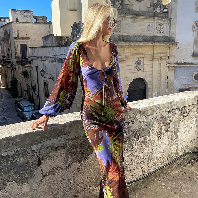 

Meqeiss New Summer See Through Print Tie Front Long Sleeve Dresses Outfits for Women Beachwear Vintage Slit Maxi Dress Vestido