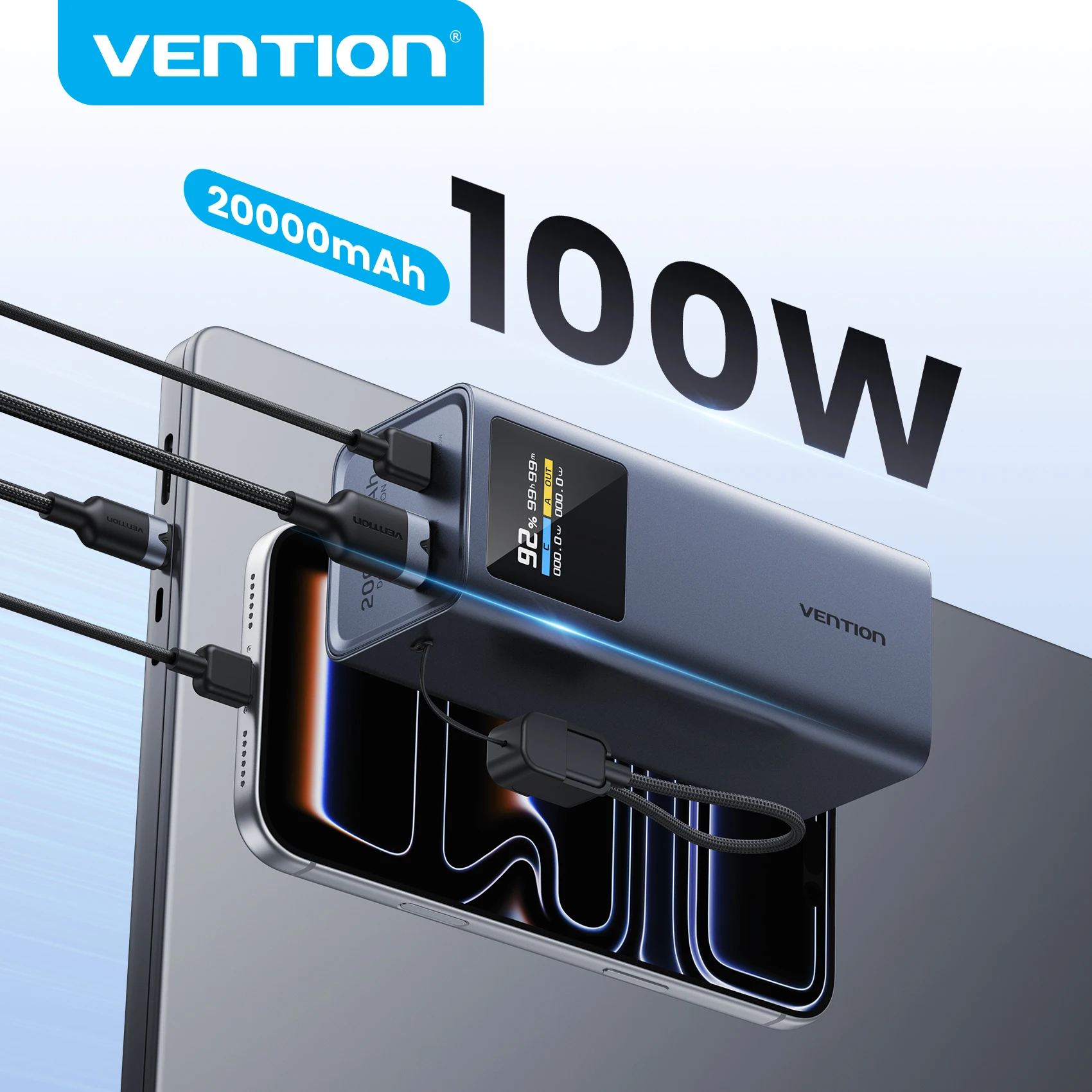Vention 100W 20000mAh Powerbank PD Externer Akku für iPhone 17 mit schnellem Laden, USB-C-Kabel und TFT-Digitalanzeige - AliExpress 202192403