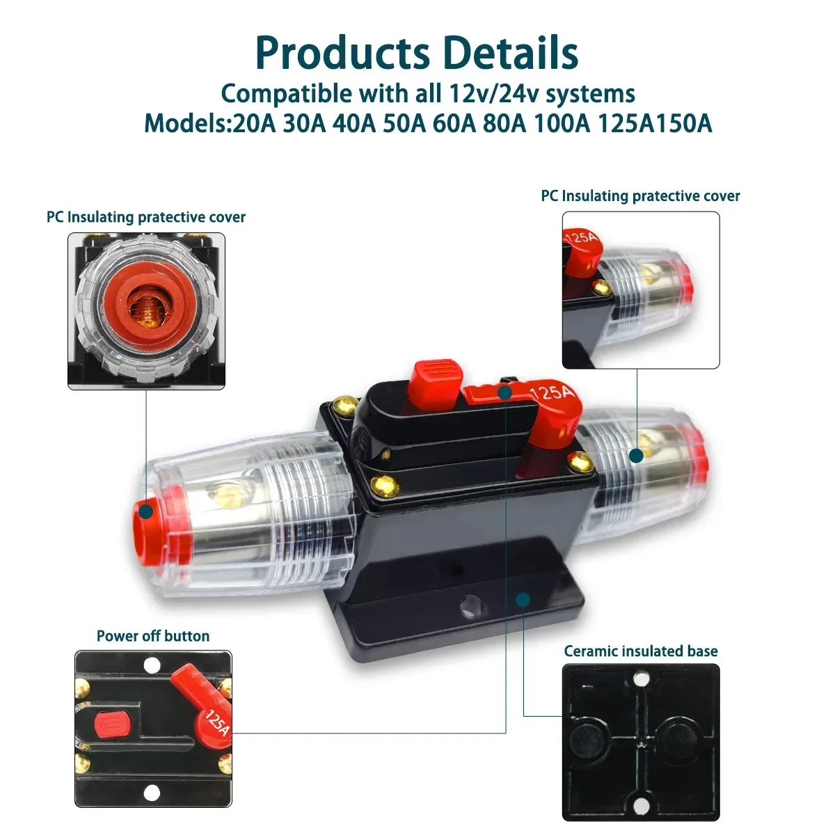 12V 24V 20A to 150A Car Boat Self-recovery Resettable Circuit Breaker Truck Resettable Fuse Short Waterproof Protection Fuse circuit breaker resettable fuse