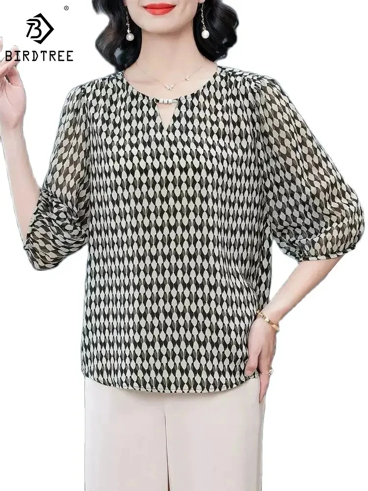 

100% Шелковая футболка BirdTree для женщин, с рукавом 3/4 и V-образным вырезом, элегантная Свободная блузка в стиле ретро, новинка весны 2024, топ T42323QM